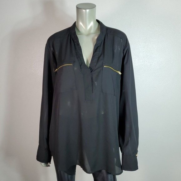Ophelia Roe Top Plus Size 1X High Low Zip Pockets Semi Sheer Long Sleeve Black - Picture 2 of 6
